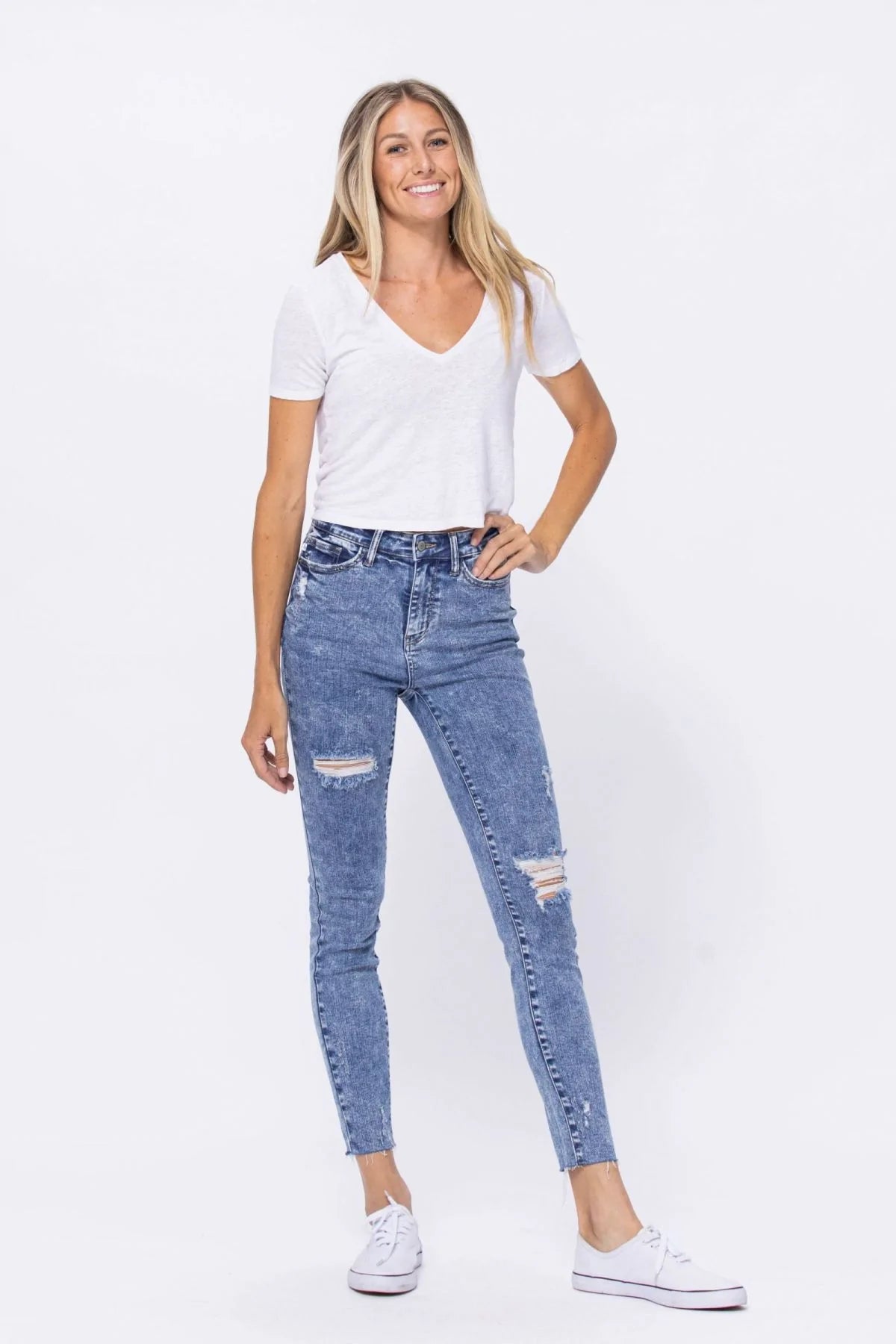 Judy Blue High Rise Acid Wash Destroyed Skinny Jeans - Passion of Essence Boutique