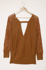 Load image into Gallery viewer, Sexy V Neck Surplice Hollow-Out Sweater With Lace Sleeves - Passion of Essence Boutique
