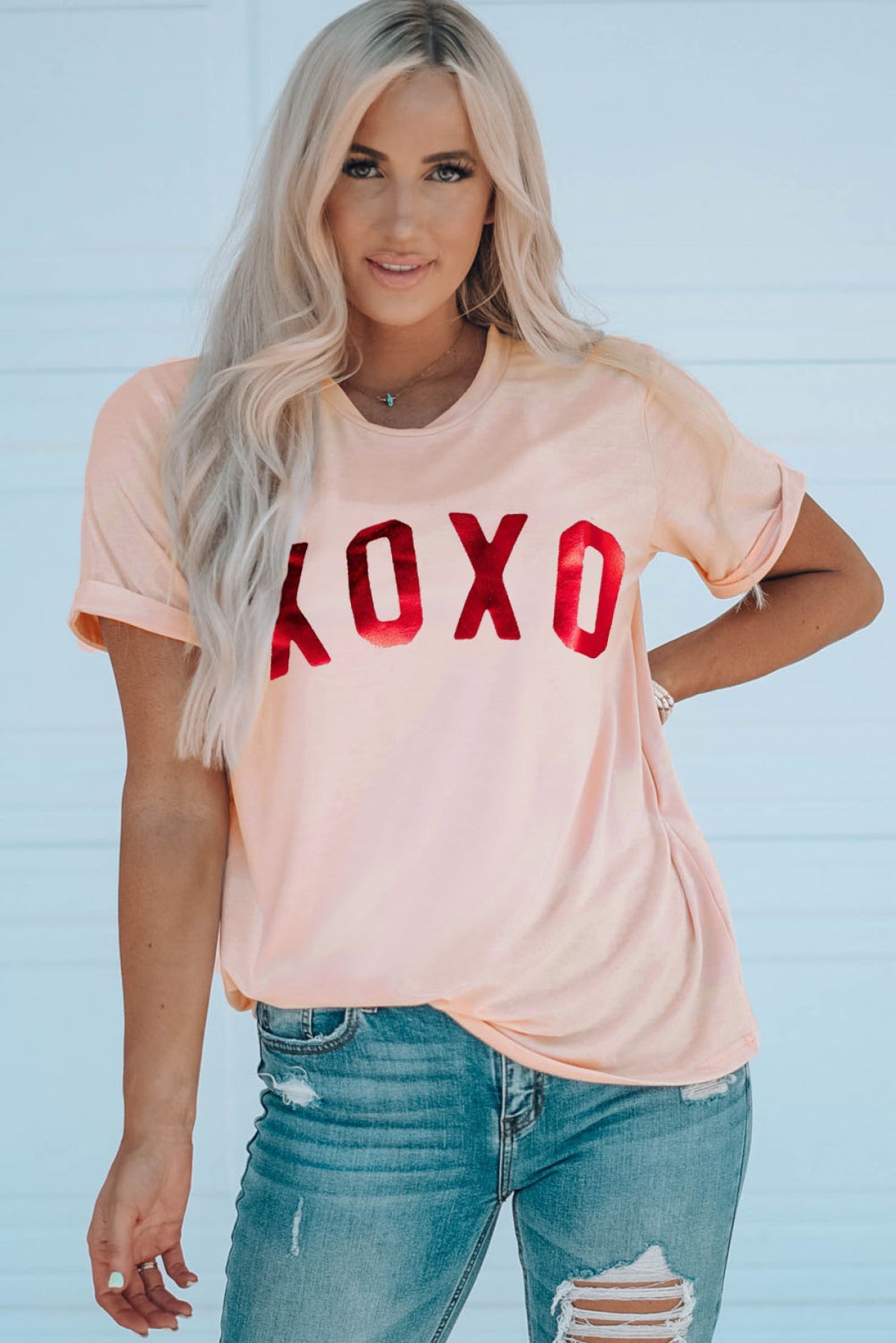 Pink XOXO Glitter Pattern Print Short Sleeve Graphic Tee - Passion of Essence Boutique