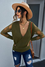 Load image into Gallery viewer, Sexy V Neck Surplice Hollow-Out Sweater With Lace Sleeves - Passion of Essence Boutique
