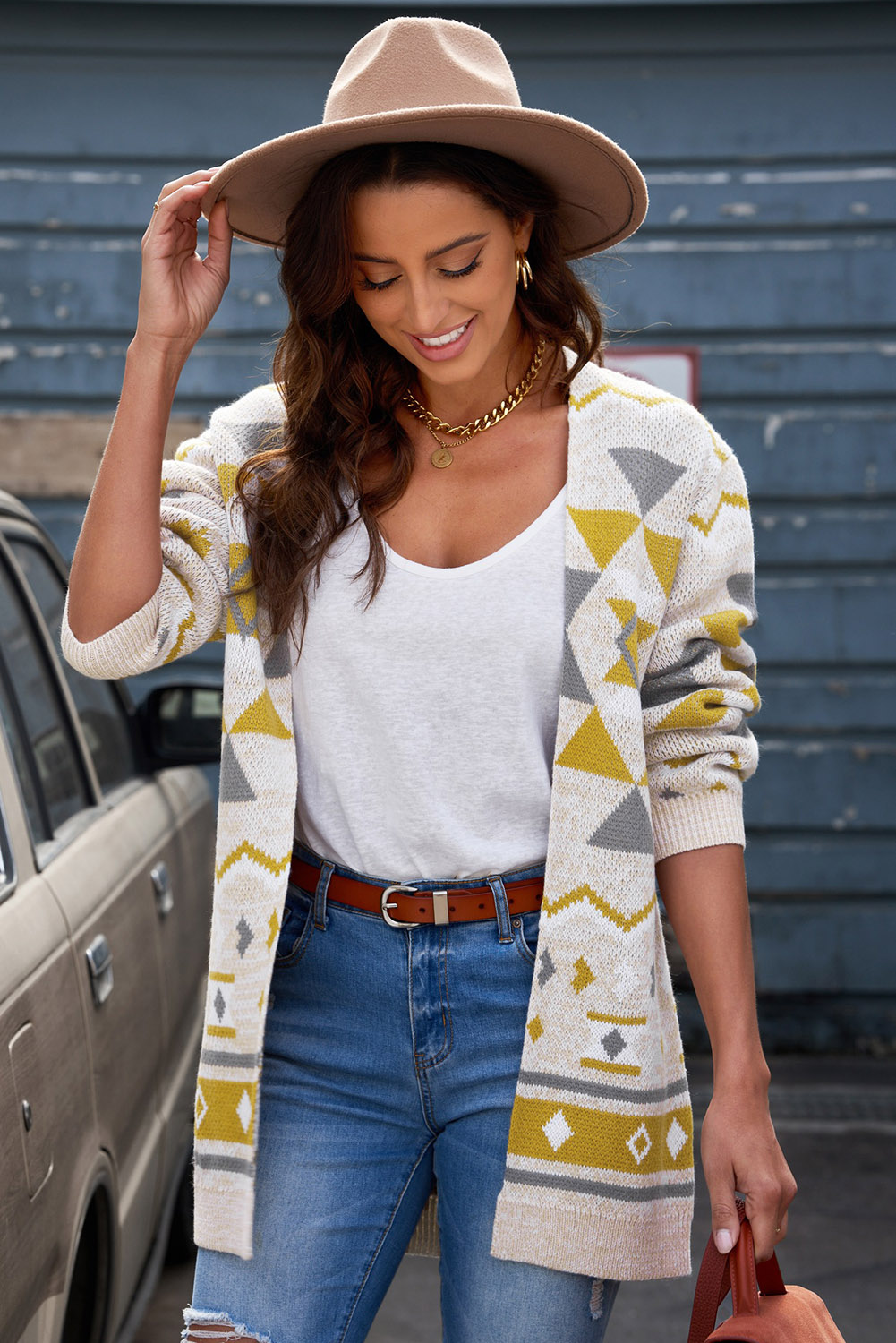 Geometric Print Open Front Knitted Cardigan - Passion of Essence Boutique