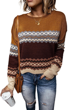 Load image into Gallery viewer, Brown Printed Crew Neck Knit Sweater - Passion of Essence Boutique
