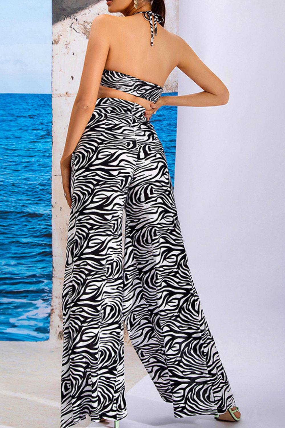 Printed Halter Neck Cropped Top and Split Pants Set - Passion of Essence Boutique