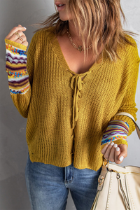 Yellow Lace Up V Neck Knit Sweater - Passion of Essence Boutique