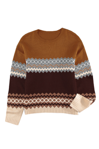 Brown Printed Crew Neck Knit Sweater - Passion of Essence Boutique
