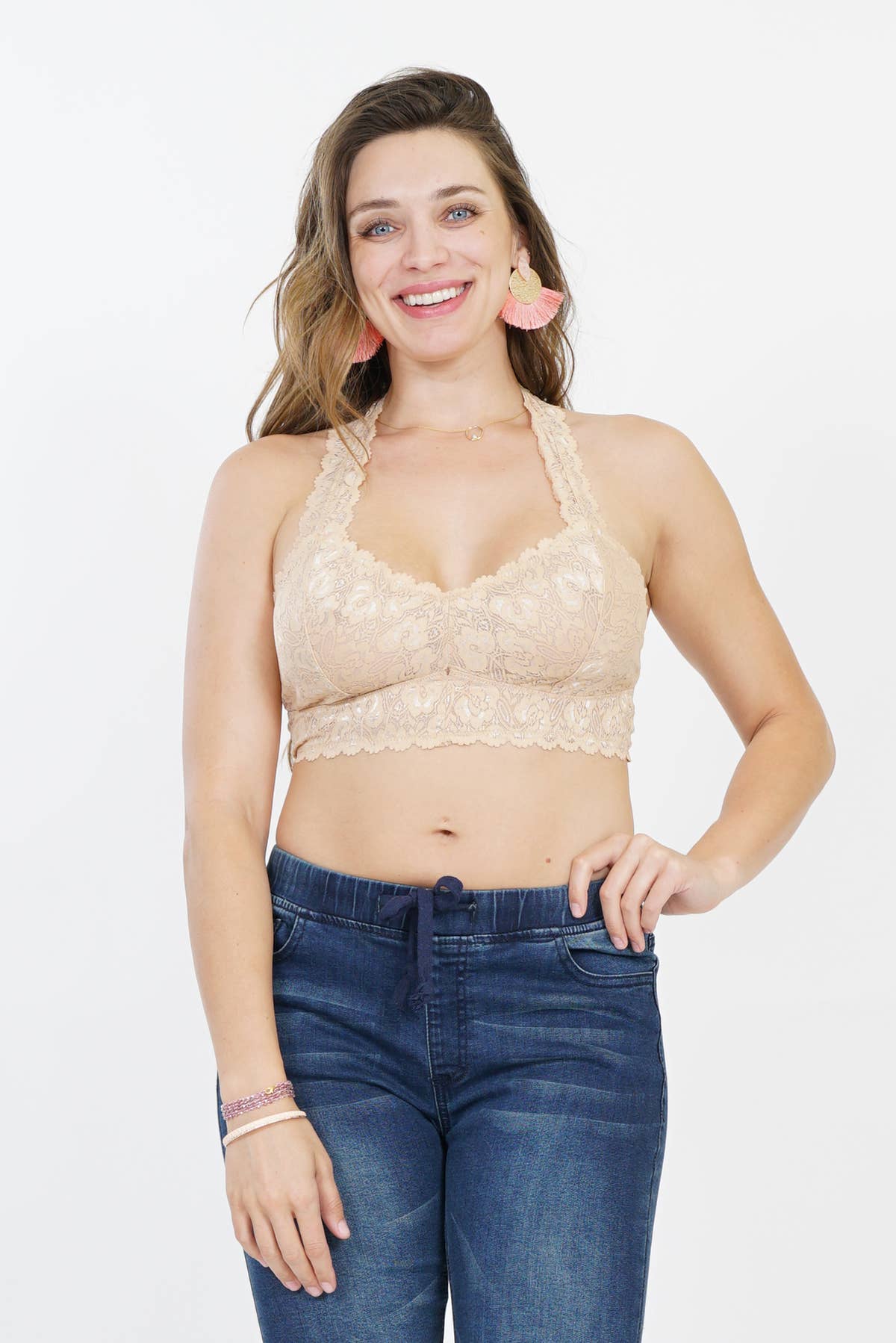 Beige Plus Stretch Lace Bralette Lined with Hourglass back - Passion of Essence Boutique