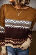 Load image into Gallery viewer, Brown Printed Crew Neck Knit Sweater - Passion of Essence Boutique
