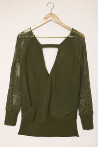 Sexy V Neck Surplice Hollow-Out Sweater With Lace Sleeves - Passion of Essence Boutique