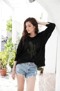 Round Neck Cactus Print Knit Sweater - Passion of Essence Boutique