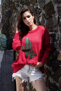 Round Neck Cactus Print Knit Sweater - Passion of Essence Boutique