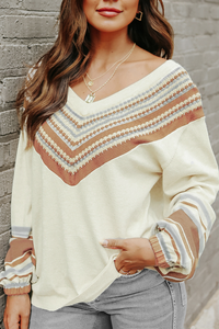 V-Neck Contrast Printed Oatmeal Sweater - Passion of Essence Boutique