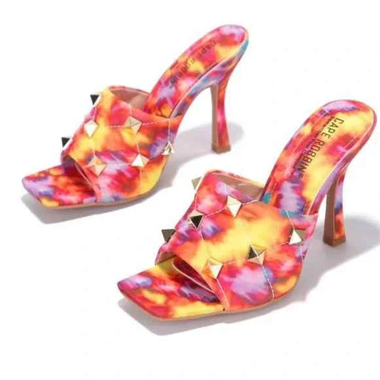 CAPE ROBBIN KENA STUDDED MULE HEELS-MULTI COLOR