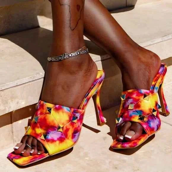 CAPE ROBBIN KENA STUDDED MULE HEELS-MULTI COLOR