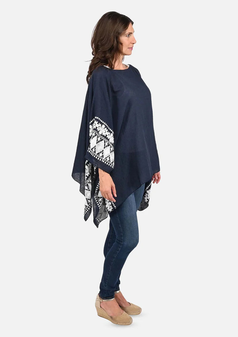 Passion Navy Blue Embroidered Sleeve Boat Neck Kaftan Top - Passion of Essence Boutique