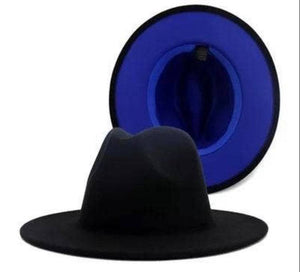 Two Color Black + Blue Felt Flat Brim Fashion Fedora Hat - Passion of Essence Boutique