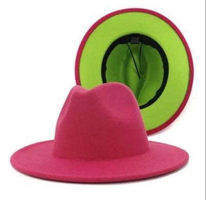 Two Color Pink+ Green Felt Flat Brim Fashion Fedora Hat - Passion of Essence Boutique