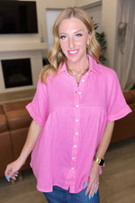 Load image into Gallery viewer, Gauze Button Down Babydoll Blouse in Pink Cosmos
