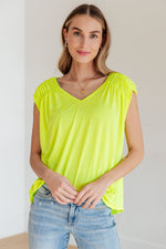 Load image into Gallery viewer, Ruched Cap Sleeve Top in Neon Green
