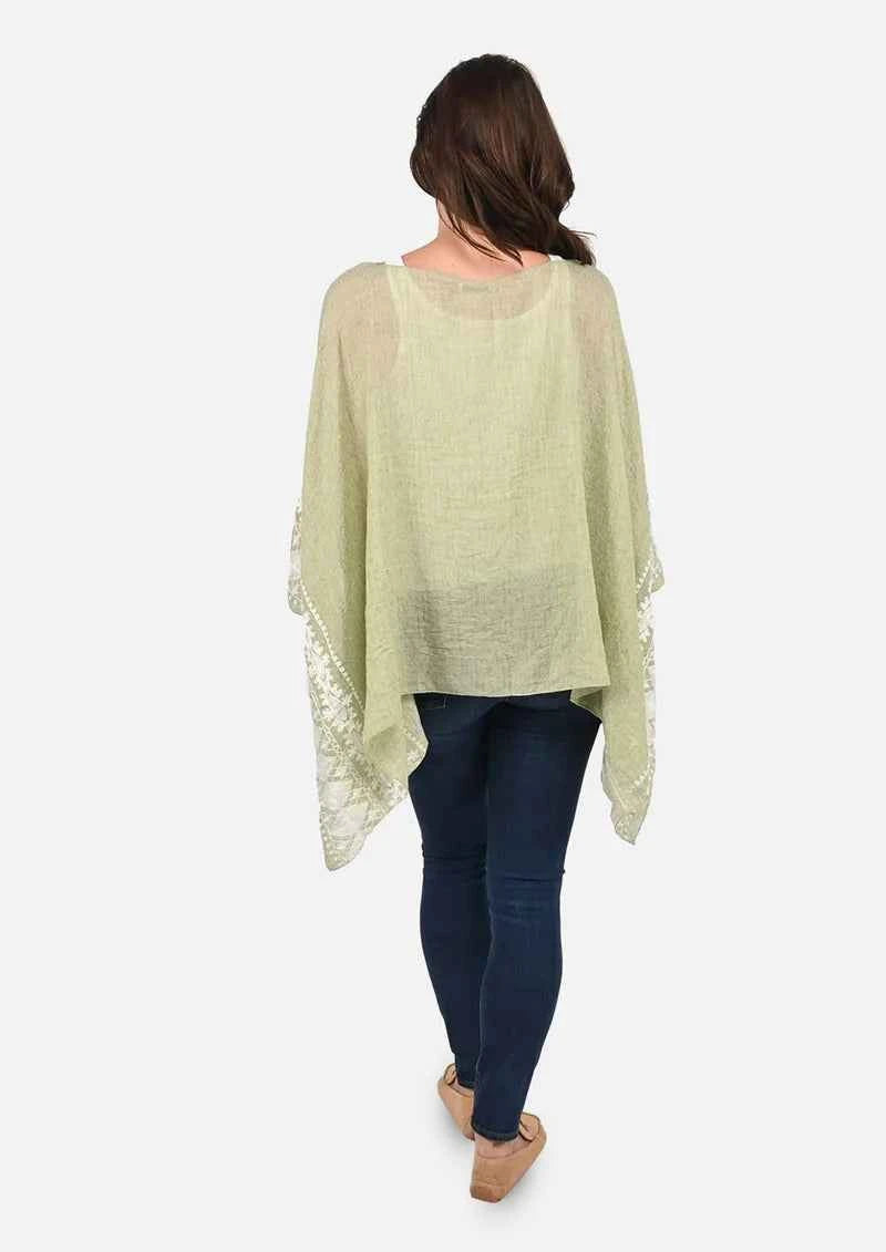 Passion Sage Green White Embroidered Sleeve Boat Neck Kaftan Top