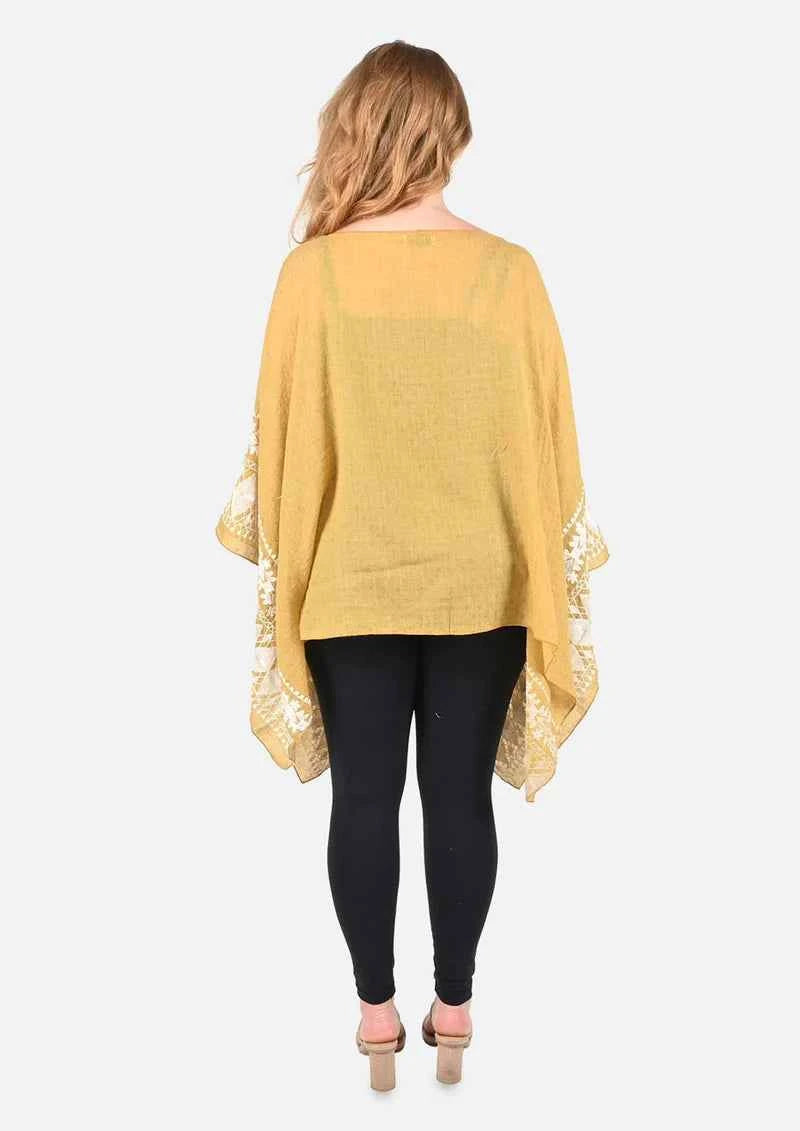 Passion Yellow White Embroidered Sleeve Boat Neck Kaftan Top