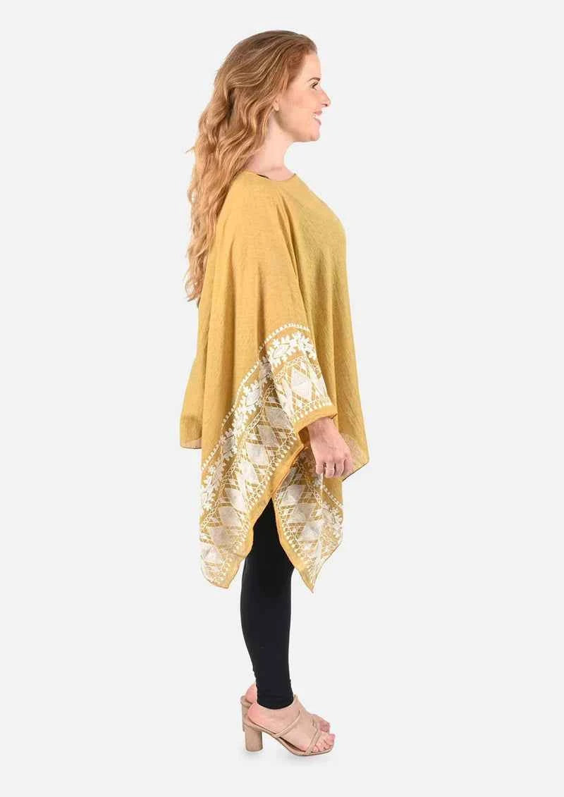 Passion Yellow White Embroidered Sleeve Boat Neck Kaftan Top