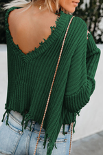 Load image into Gallery viewer, Dark Green Tainted Love Cotton Distressed Sweater - Passion of Essence Boutique
