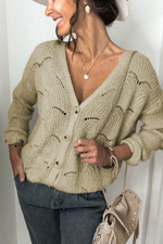 Load image into Gallery viewer, Khaki V Shaped Neckline Buttoned Knit Sweater - Passion of Essence Boutique
