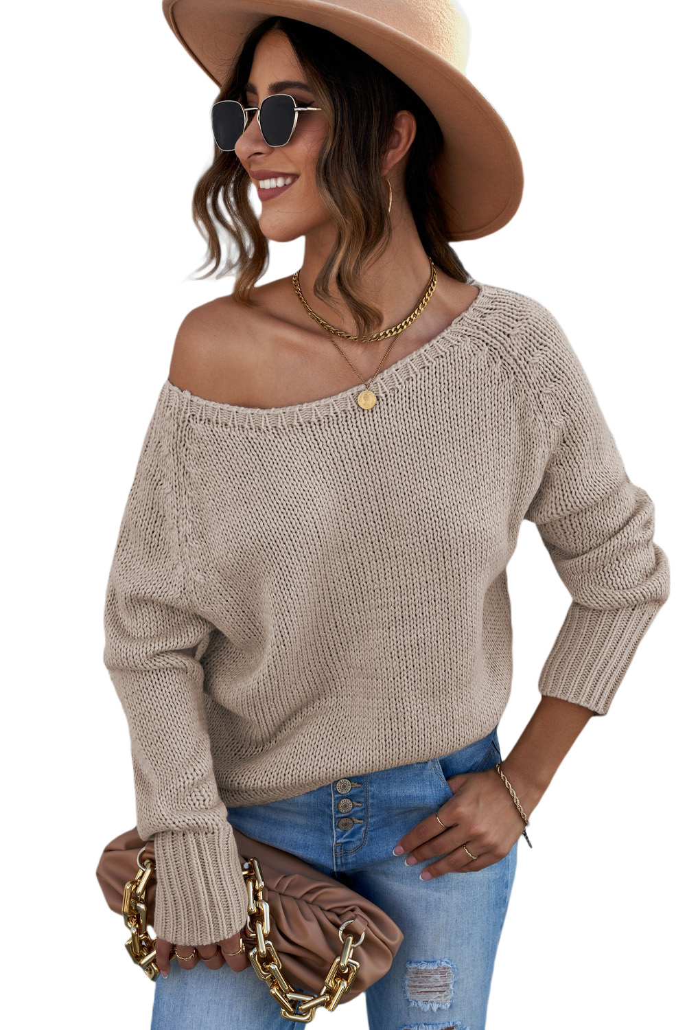 Khaki Loose Long Sleeve Knitted Sweater - Passion of Essence Boutique