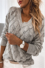 Load image into Gallery viewer, Gray Feather Hollowed-Out V-Neck Long Sleeve Knitted Sweater - Passion of Essence Boutique
