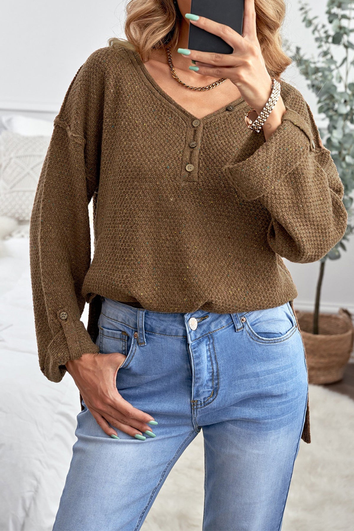 Buttoned Drop Shoulder Knitted Sweater - Passion of Essence Boutique