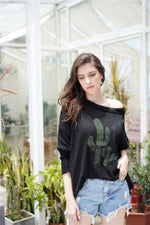 Load image into Gallery viewer, Round Neck Cactus Print Knit Sweater - Passion of Essence Boutique
