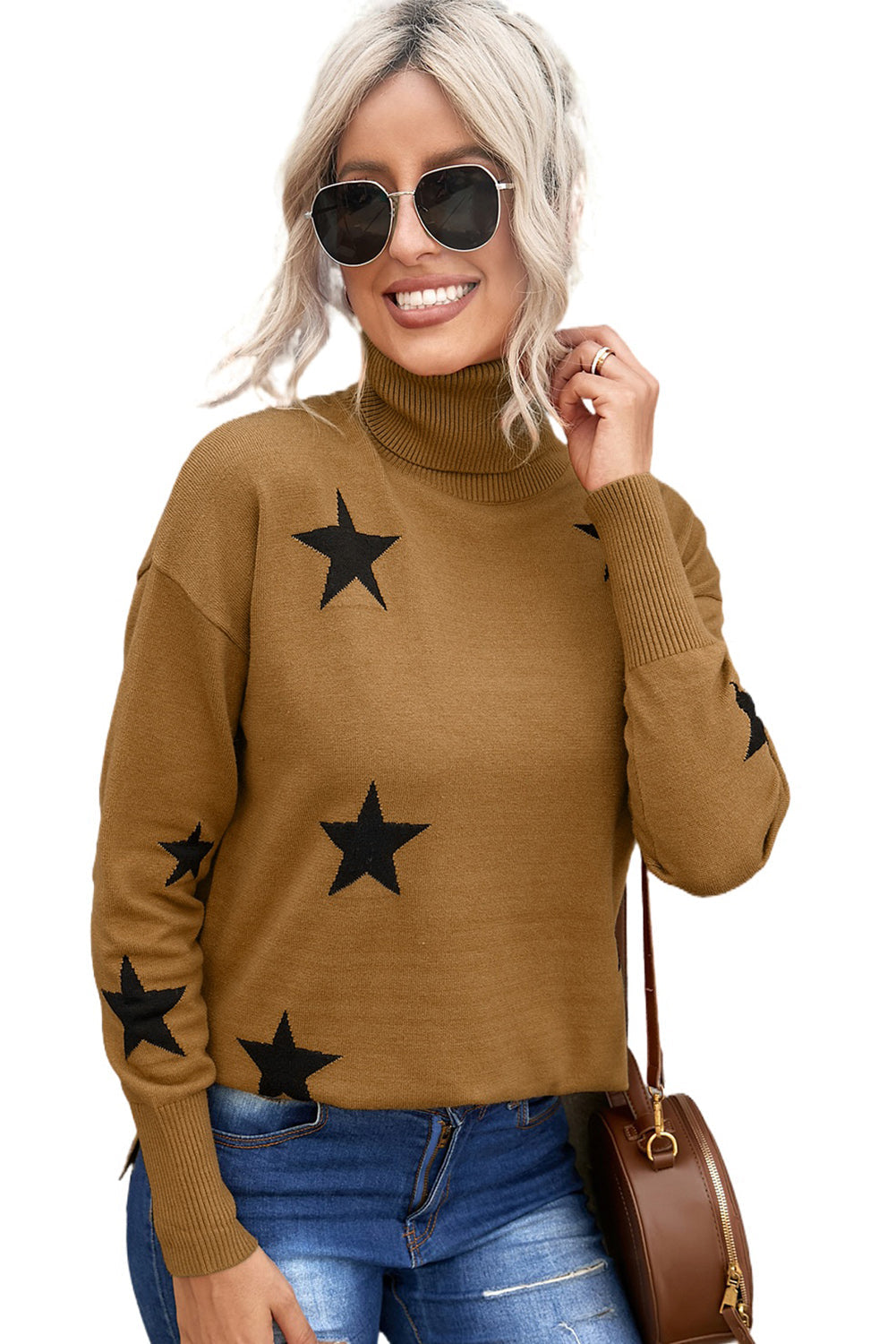 Turtleneck Dropped Sleeve Star Print Sweater - Passion of Essence Boutique