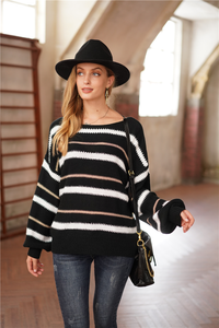 Loose-Fitting Round Neck Lantern Sleeve Striped Sweater - Passion of Essence Boutique