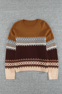 Brown Printed Crew Neck Knit Sweater - Passion of Essence Boutique