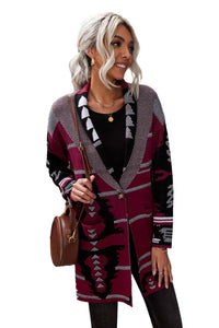 Lapel Collar Geometric Print Knit Cardigan - Passion of Essence Boutique