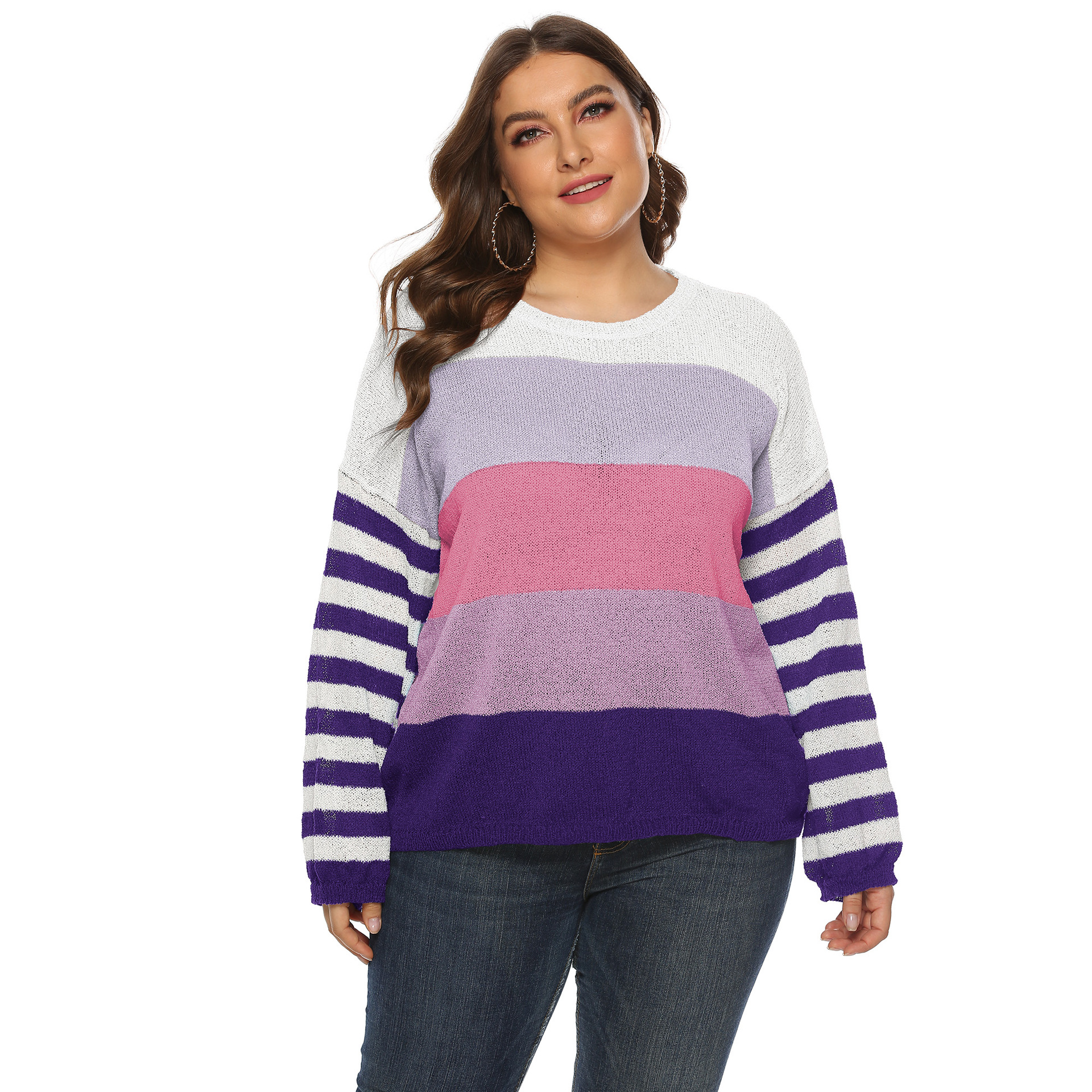 Plus Size Round Neck Striped Knitted Sweater - Passion of Essence Boutique