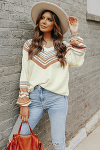 V-Neck Contrast Printed Oatmeal Sweater - Passion of Essence Boutique