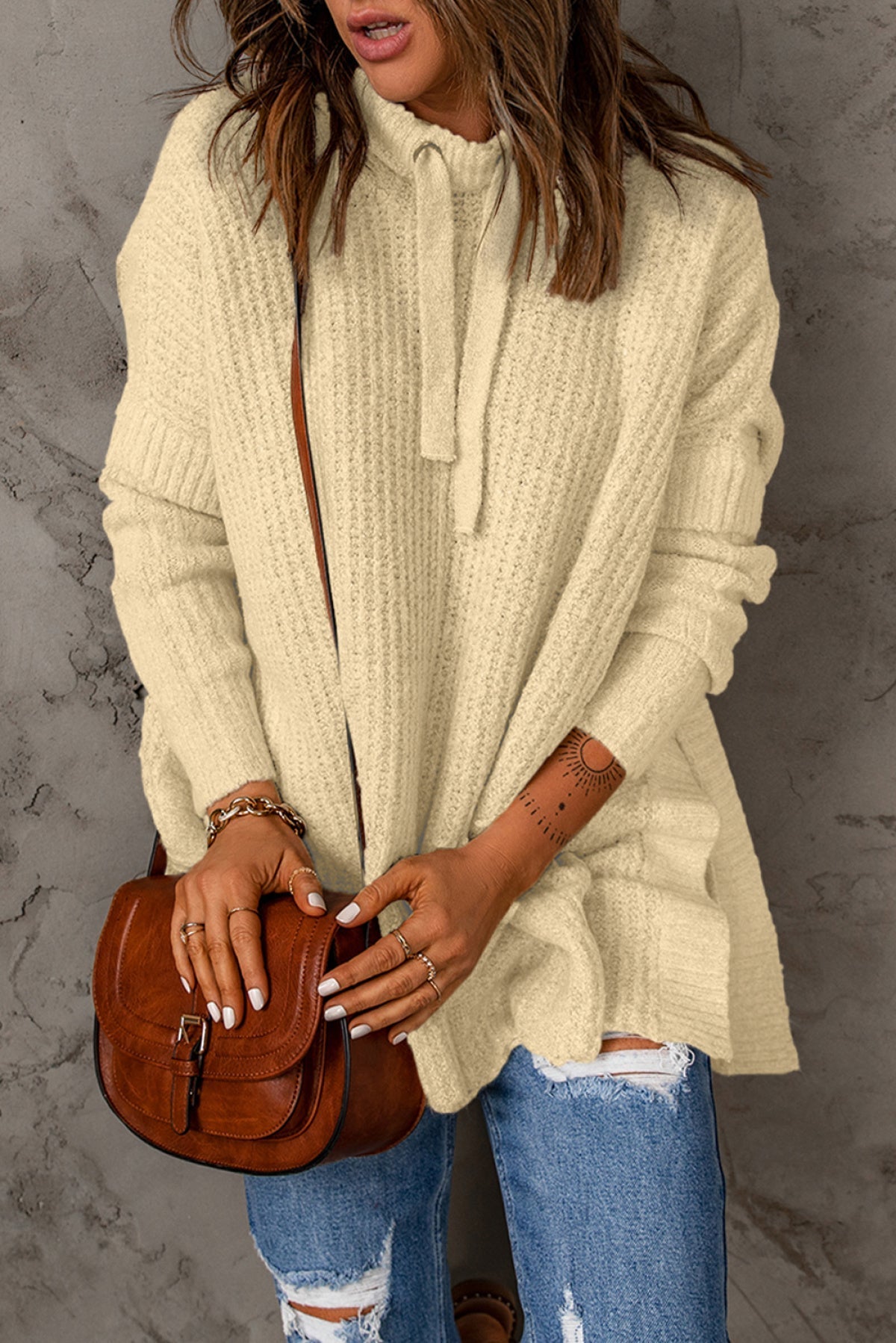 Waffle Knit Loose Slit Drawstring Hooded Sweater - Passion of Essence Boutique