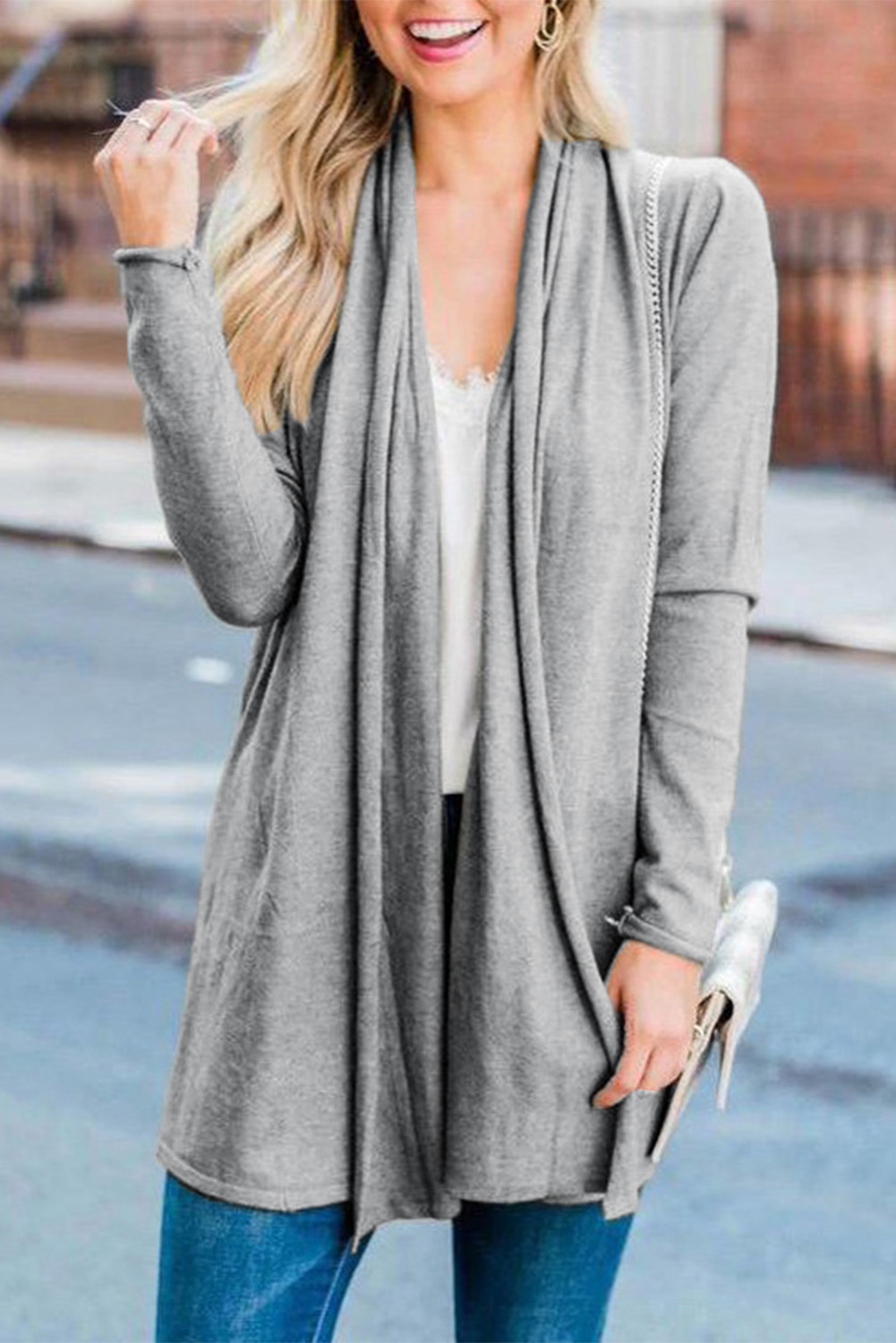 Grey Shawl Neckline Open Front Cardigan - Passion of Essence Boutique