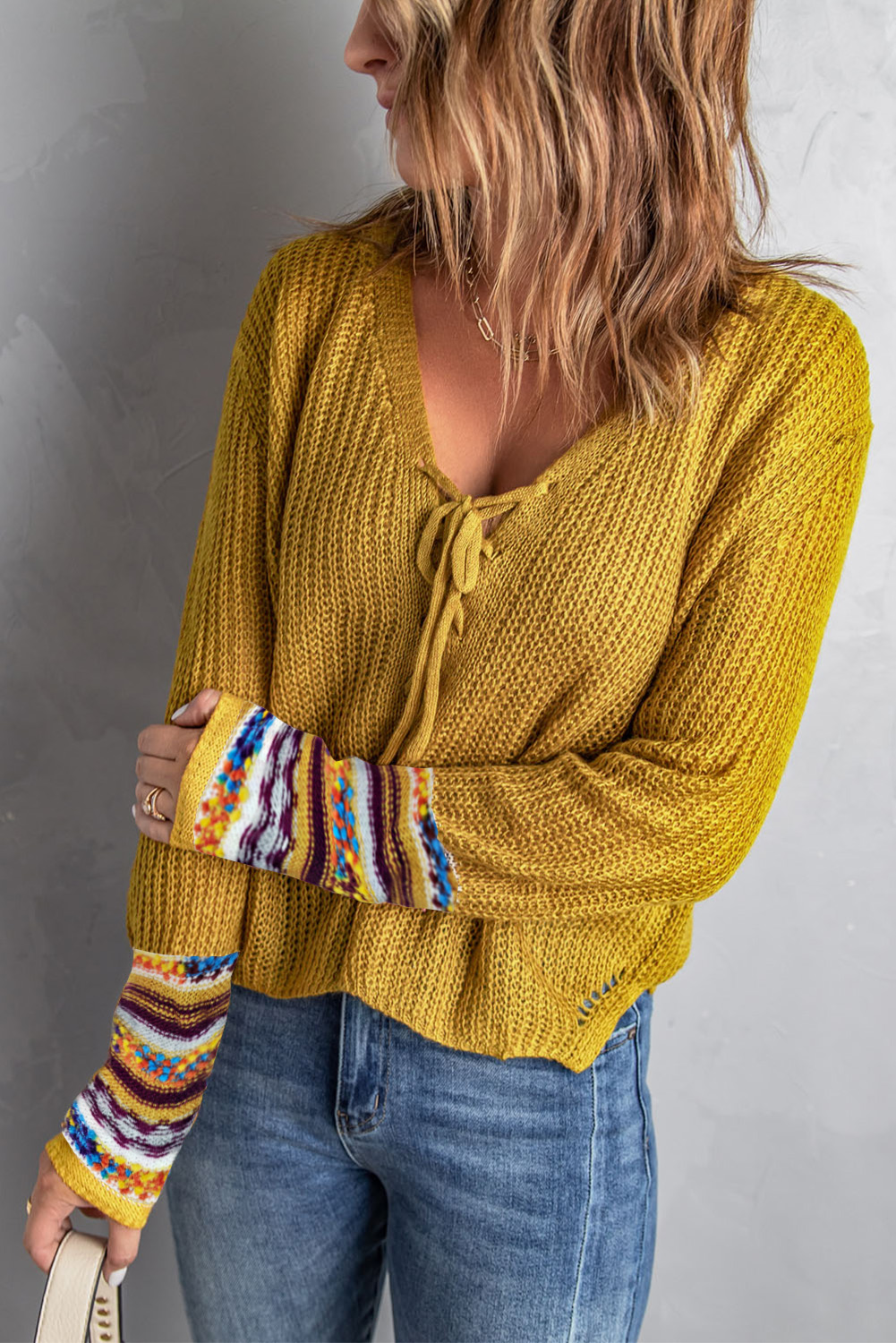 Yellow Lace Up V Neck Knit Sweater - Passion of Essence Boutique