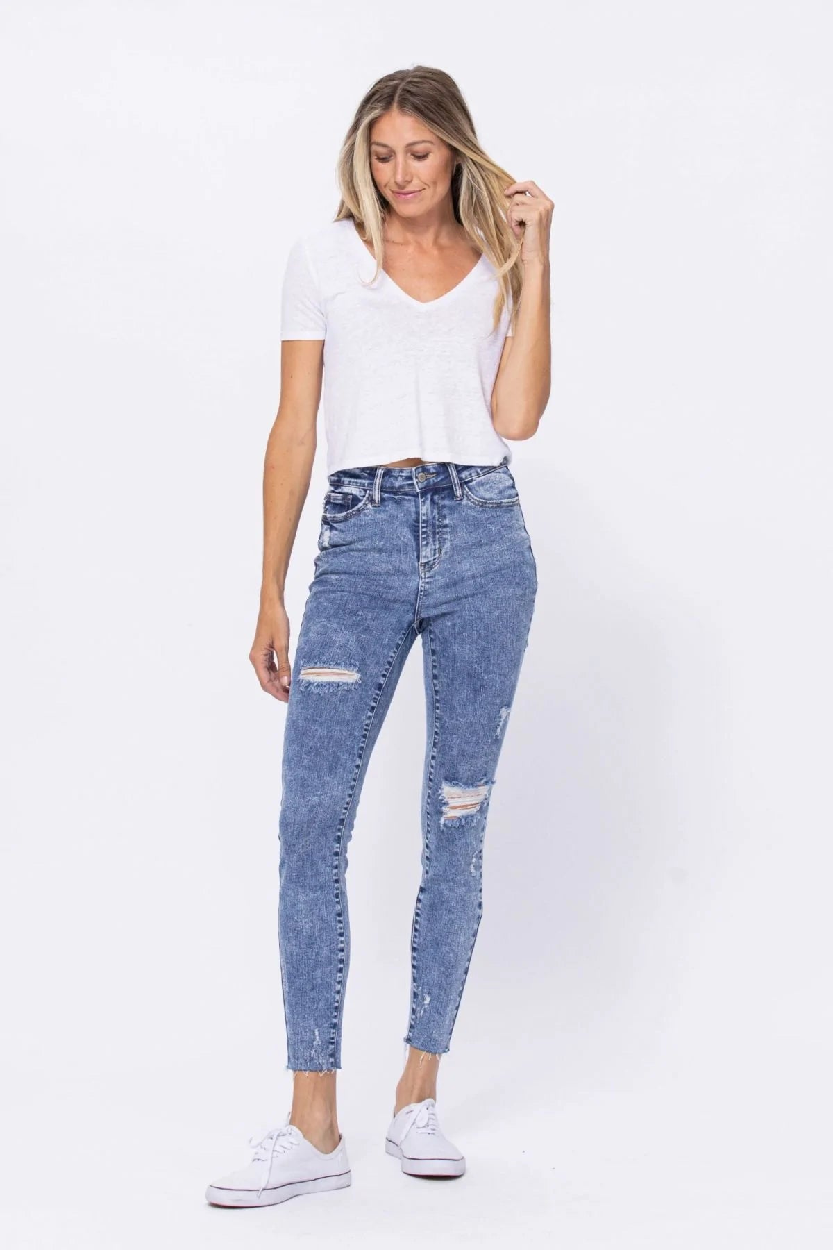 Judy Blue High Rise Acid Wash Destroyed Skinny Jeans - Passion of Essence Boutique