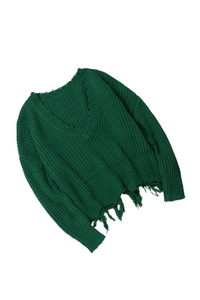Dark Green Tainted Love Cotton Distressed Sweater - Passion of Essence Boutique