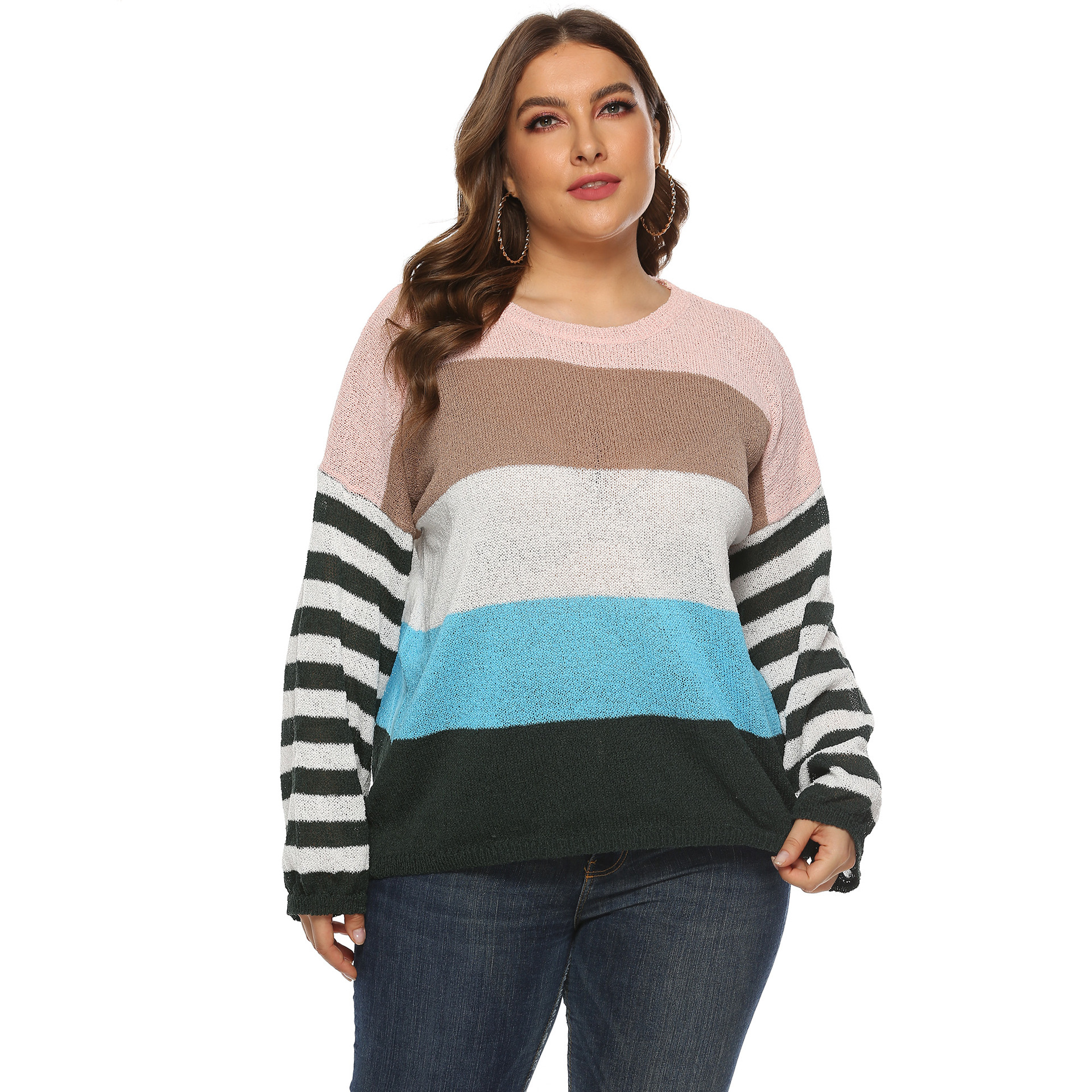 Plus Size Round Neck Striped Knitted Sweater - Passion of Essence Boutique