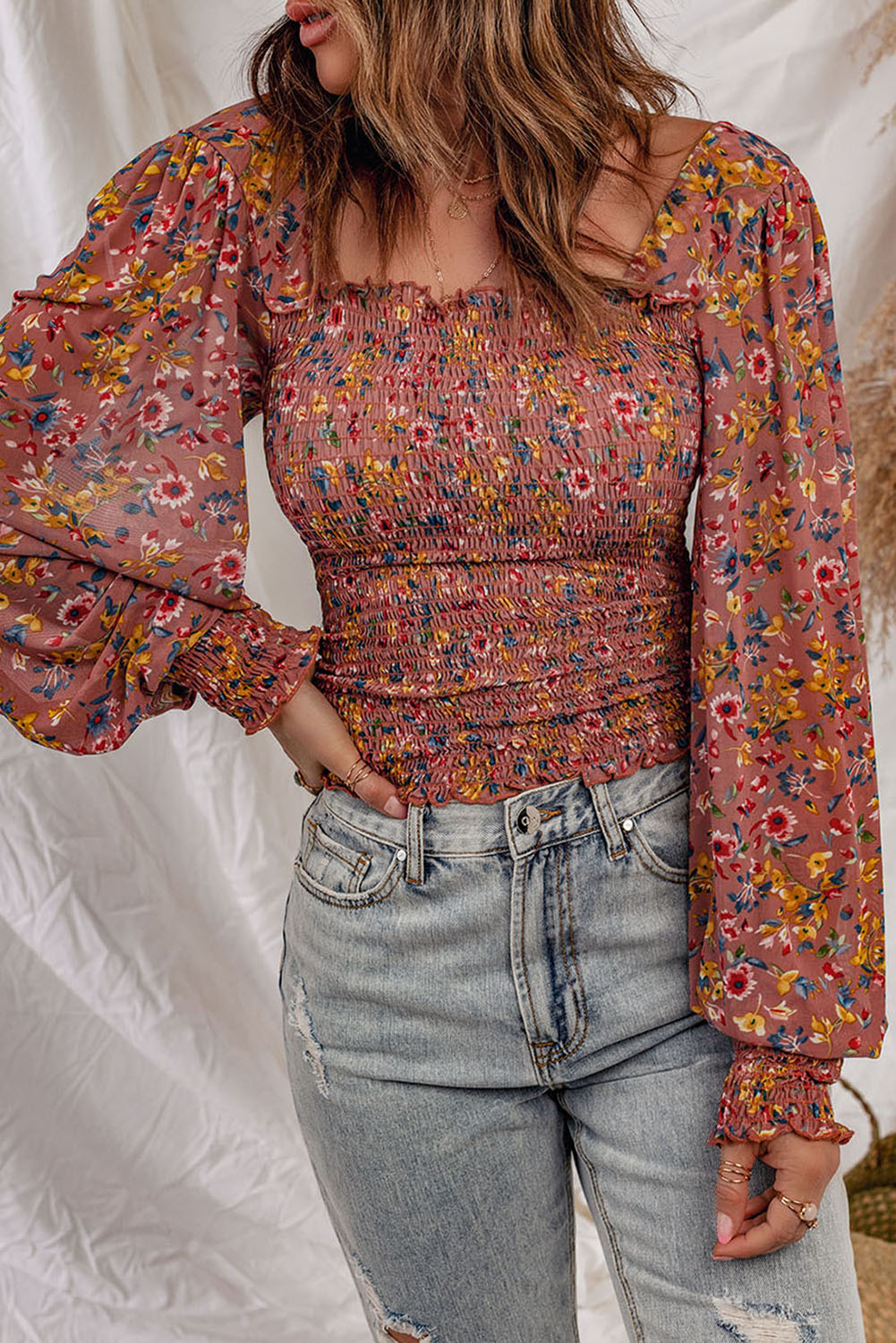 Floral Smocked Lantern Sleeve Blouse - Passion of Essence Boutique