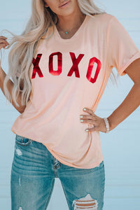 Pink XOXO Glitter Pattern Print Short Sleeve Graphic Tee - Passion of Essence Boutique