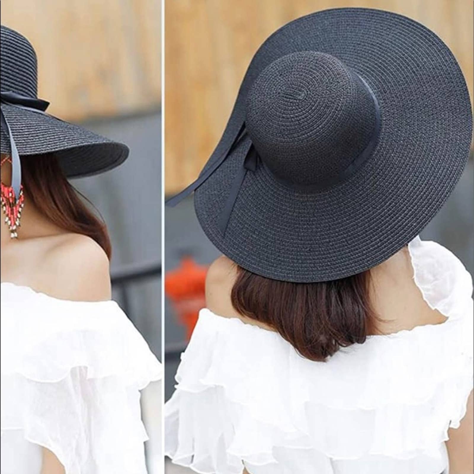 Black Floppy Beach Straw Hat, Foldable Wide Brim with Bowknot UPF50 - Passion of Essence Boutique