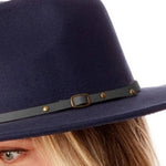Load image into Gallery viewer, Navy Belt Buckle Trim Wide Brim Felt Hat - Passion of Essence Boutique
