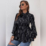Load image into Gallery viewer, Peplum Plus Allover Print Lantern Sleeve Tie Neck Blouse - Passion of Essence Boutique
