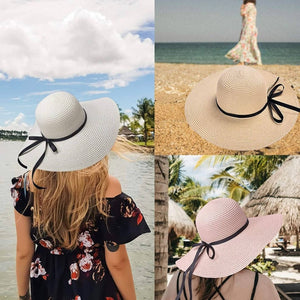 Black Floppy Beach Straw Hat, Foldable Wide Brim with Bowknot UPF50 - Passion of Essence Boutique