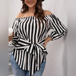 Load image into Gallery viewer, Plus Striped Bishop Sleeve Off Shoulder Tie Front Blouse - Passion of Essence Boutique
